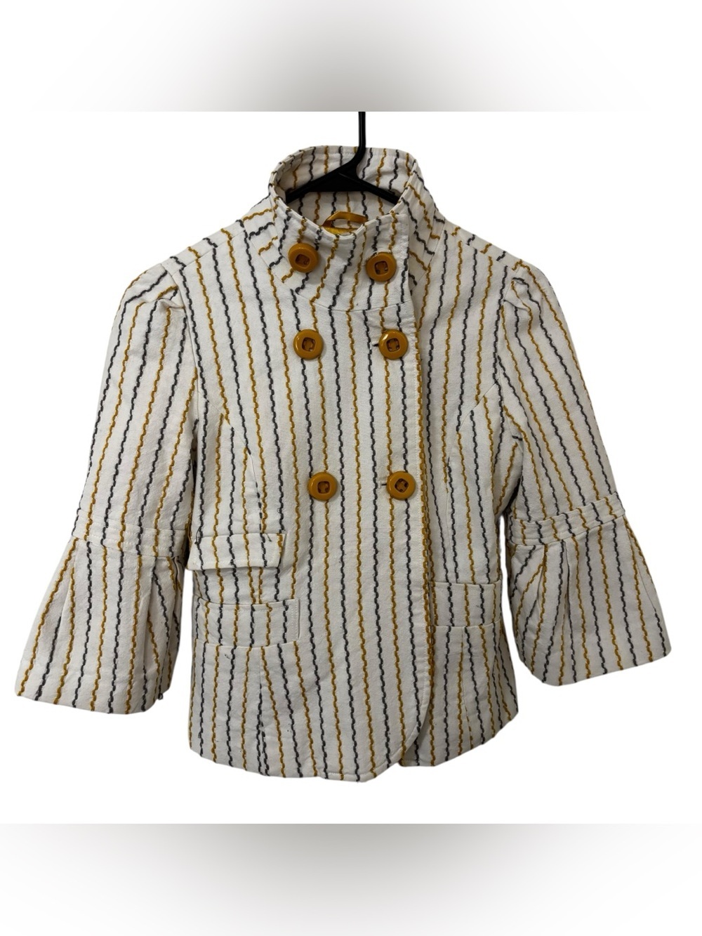 Tulle Anthropologie striped cotton blend mustard yellow white blazer XS